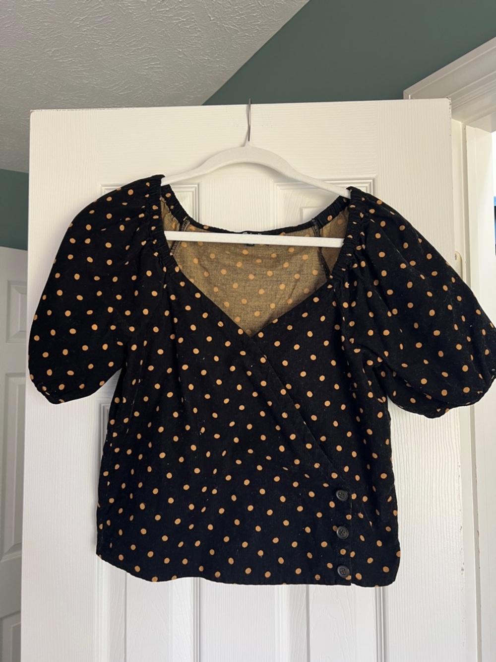 Madewell Black Puff Sleeve Polka Dot Wrap Top